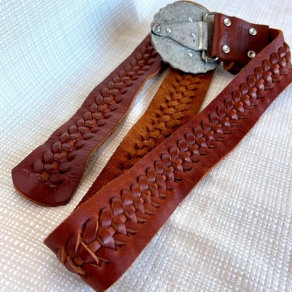 Vintage 100% Leather Statement Buckle Silver Rhinestone Boho Western 90s - Picture 10 of 15